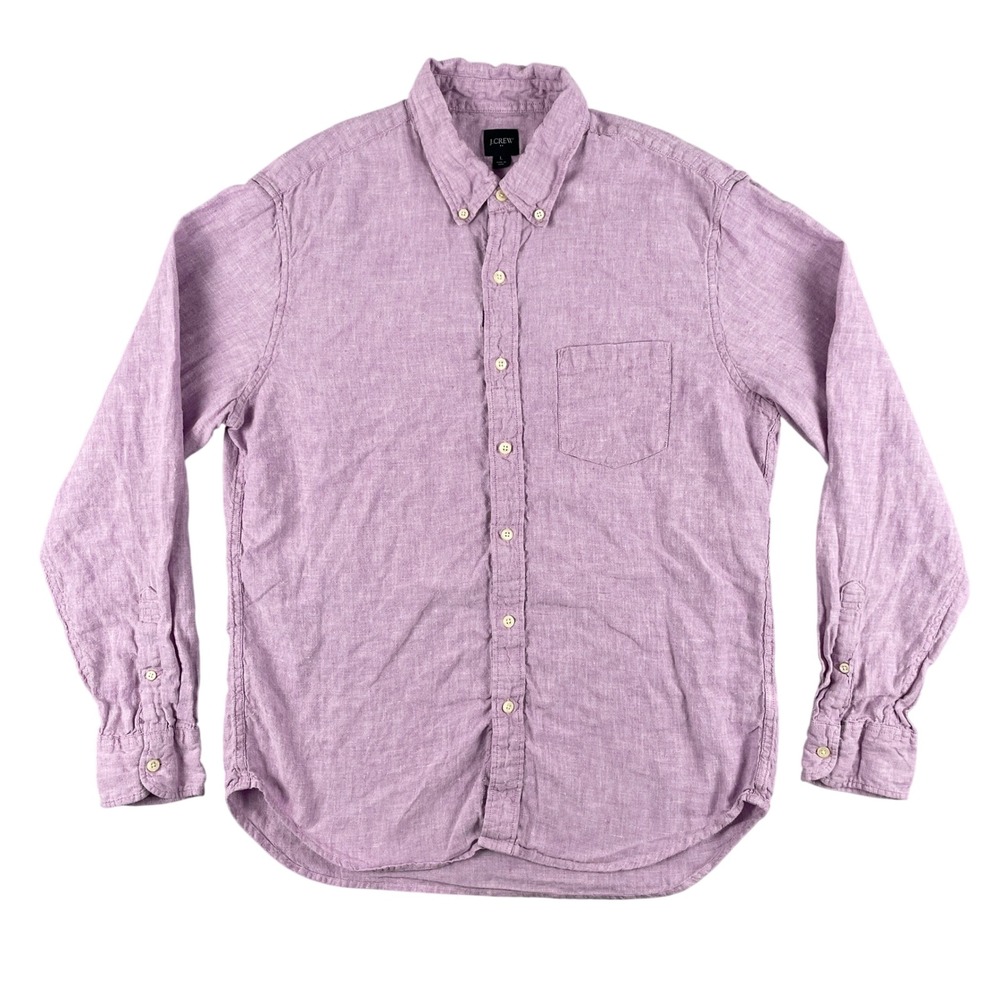 J Crew Shirt Mens L Purple Linen Blend Long Sleeve Button Down Casual Pocket